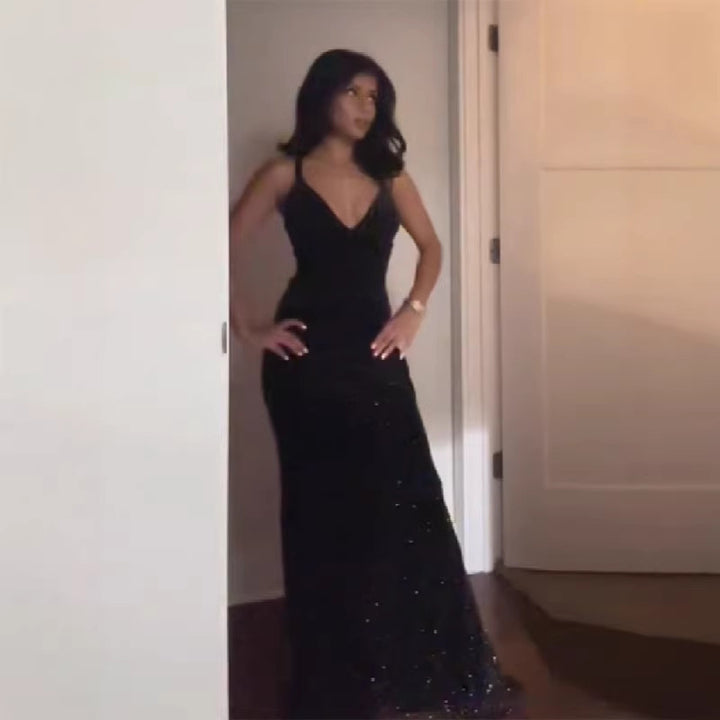 Damen glamouröses Abendkleid mit glitzerndem Paillettenbesatz und tiefem V-Ausschnitt Drune
