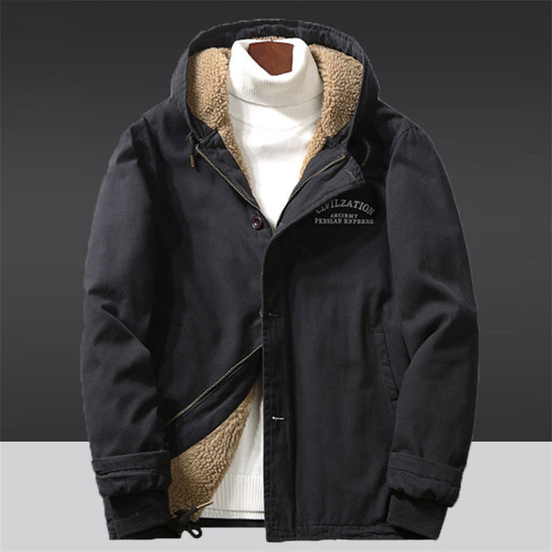 Herren Kapuzenjacke im Vintage-Worker-Stil mit Sherpa‑Futter Drune