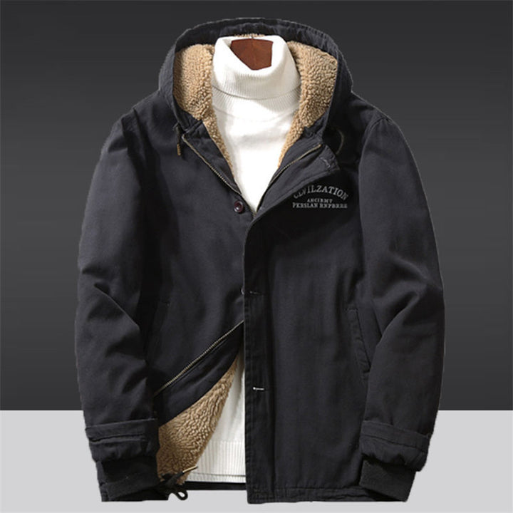 Herren Kapuzenjacke im Vintage-Worker-Stil mit Sherpa‑Futter Drune