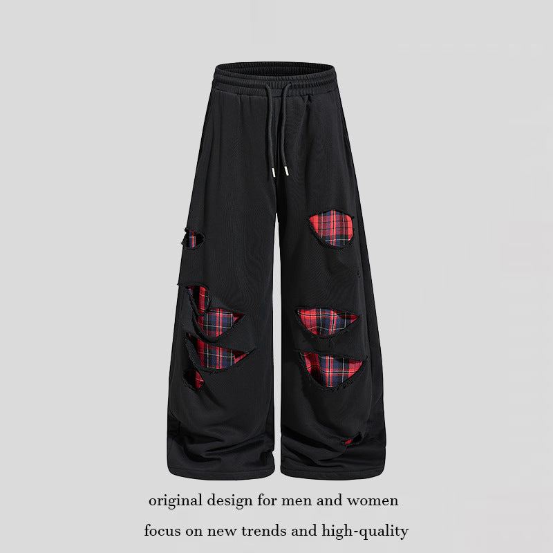 Damen weite Destroyed-Jogginghose im Grunge-Stil mit karierten Futterpatches Drune