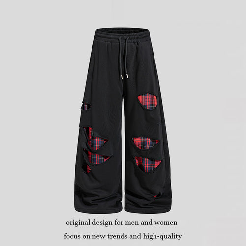 Damen weite Destroyed-Jogginghose im Grunge-Stil mit karierten Futterpatches Drune