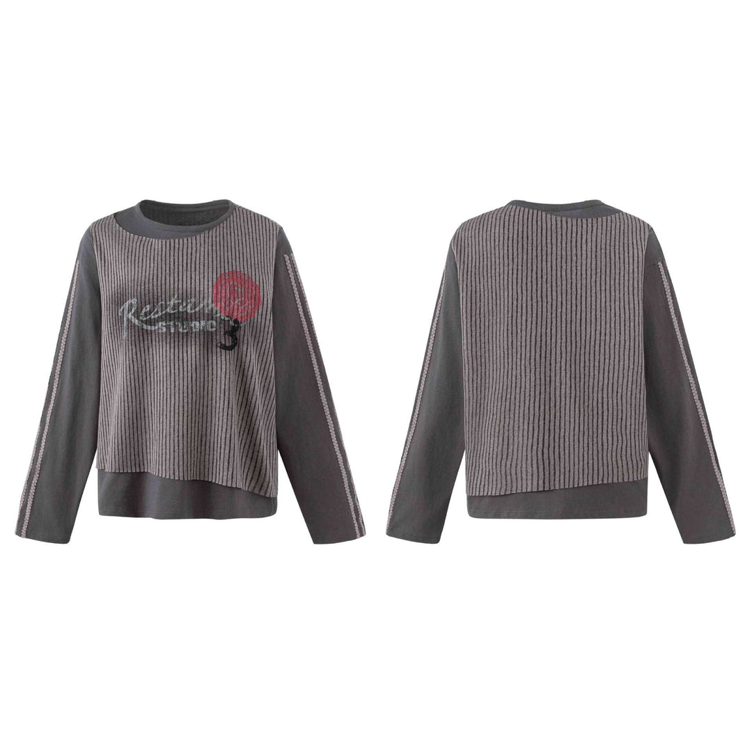 Damen Lässiges Sweatshirt mit gestreiftem Overlay, Ziernähten und Rosenprint Drune