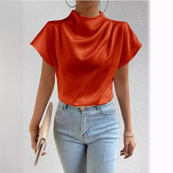 Damen Elegantes Satinoberteil mit hochgeschlossenem Ausschnitt und soften Drapierungen Drune