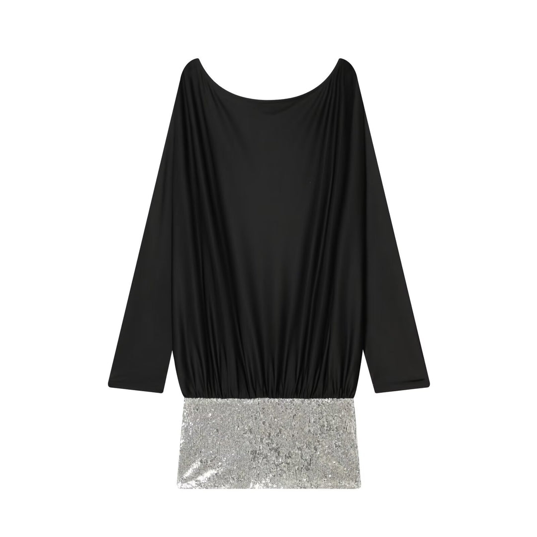 Damen Drapiertes Abendkleid mit weitem U‑Ausschnitt, Fledermausärmeln und Paillettenmini Drune