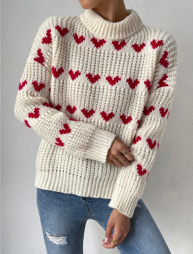 Drune Halb Hochkragen Locker Passform Liebesherz Jacquard Strickpullover