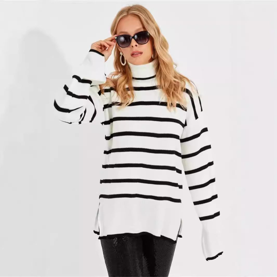 Damen gestrickter Rollkragenpullover mit modernem Streifenmuster und weitem Schnitt Drune