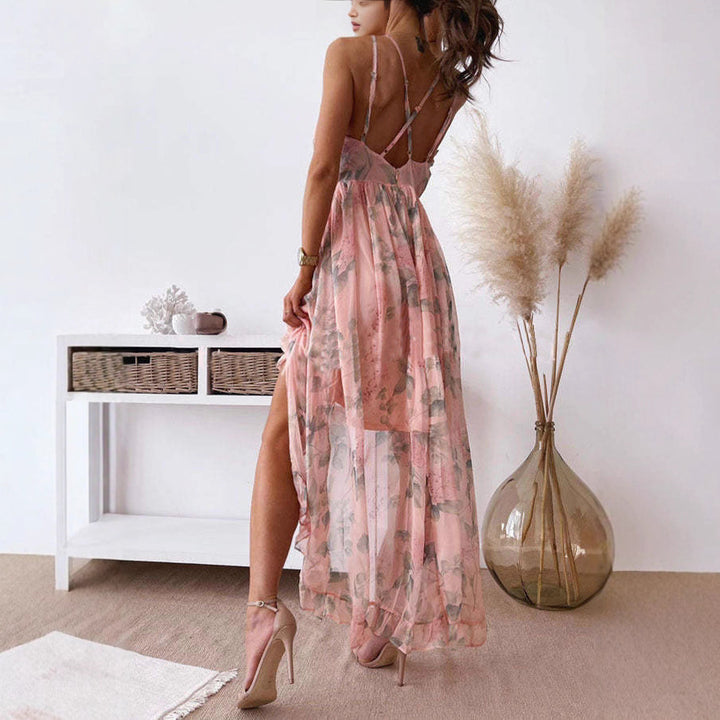 Damen nan romantisches Chiffon-Maxikleid mit doppelten Spaghettiträgern, Unterbrustraffung, mehrlagigem Volantrock und seitlichem Beinschlitz Drune