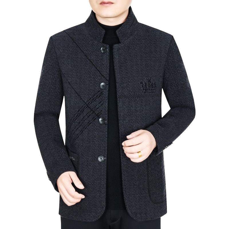 Herren Stehkragen-Mantel aus strukturierter Wollmischung mit schmaler Silhouette Drune