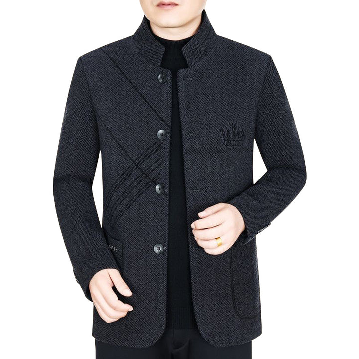 Herren Stehkragen-Mantel aus strukturierter Wollmischung mit schmaler Silhouette Drune