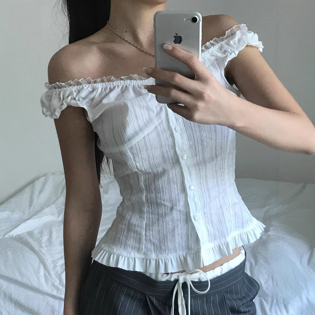 Damen Off-Shoulder Bluse mit Rüschensaum und Knopfdetails Drune