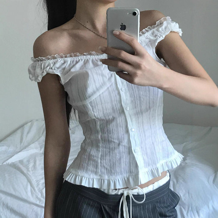 Damen Off-Shoulder Bluse mit Rüschensaum und Knopfdetails Drune