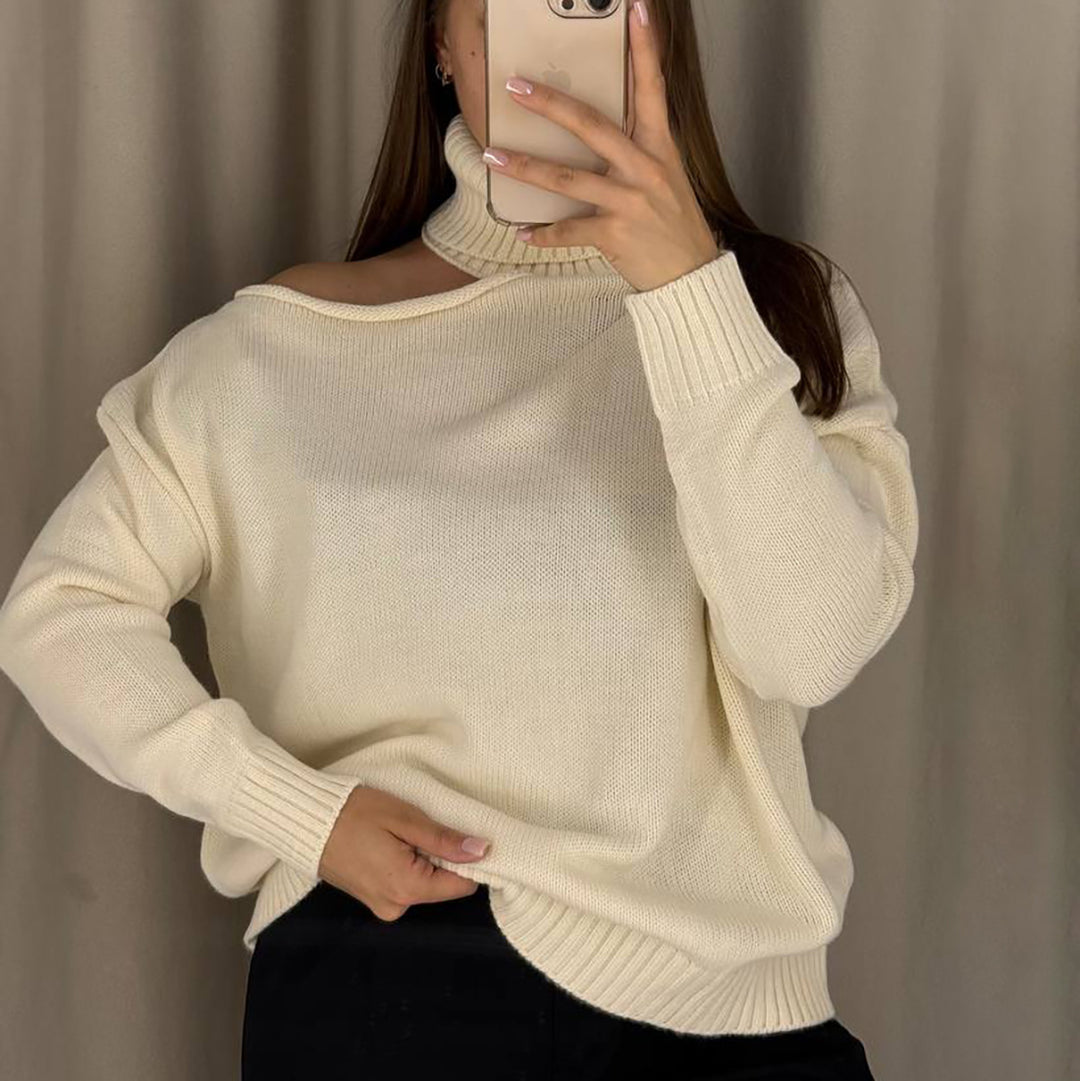 Damen Oversized Pullover mit asymmetrischem Ausschnitt und hohem Kragen Drune
