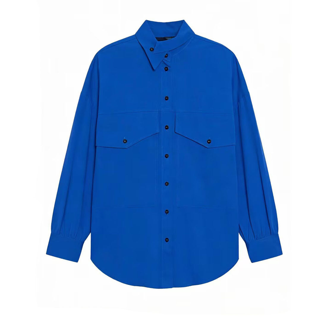 Damen Oversized Utility-Hemdbluse mit überschnittener Schulter, Pattentaschen und Stehkragen Drune