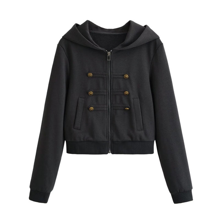 Damen Cropped Kapuzenblouson im Military‑Look mit Zierknopfleiste und geripptem Saum Drune
