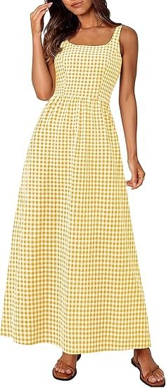 Damen Maxikleid im klassischen Karomuster mit verstellbaren Trägern und elastischem Bund Drune