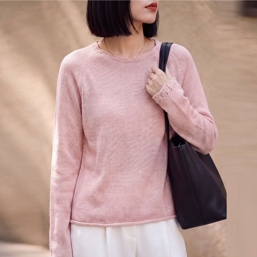 Damen leichter Feinstrickpullover mit dezenter Glitzeroptik und Raglanärmeln Drune