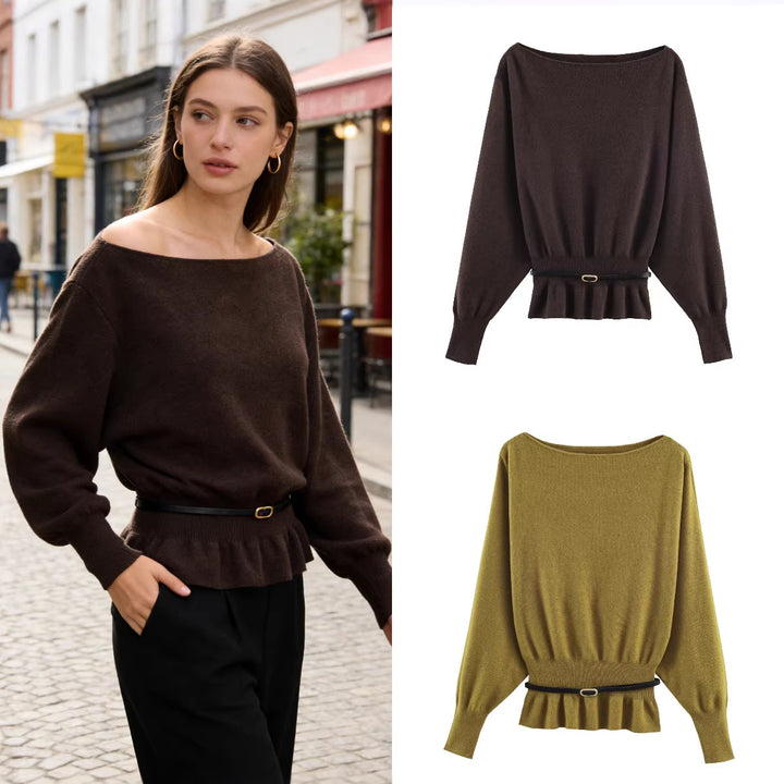 Damen Oversize-Strickpullover mit U-Boot-Ausschnitt, Fledermausärmeln, gerafftem Rippbund und Taillengürtel Drune