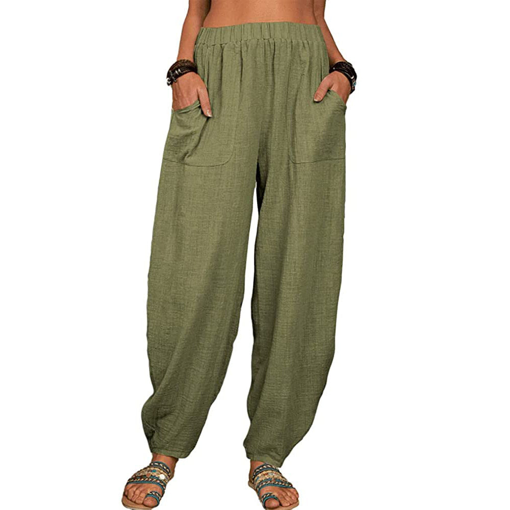Damen nan lockere Leinenhose mit weitem Bein elastischem Bund und großen aufgesetzten Taschen Drune