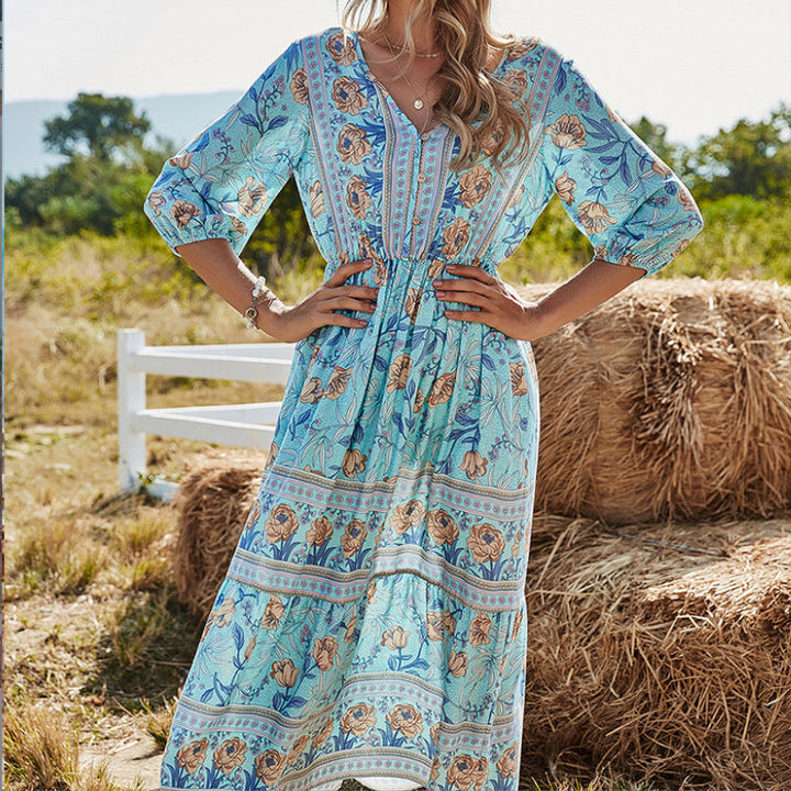 Drune | Damen Midikleid mit V-Ausschnitt und Blumenmuster