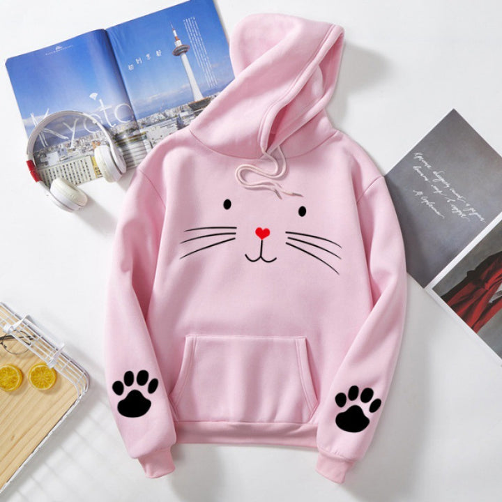 Damen nan Kapuzenpullover mit gedrucktem Katzenmotiv, Kängurutasche und Pfotenapplikationen Drune