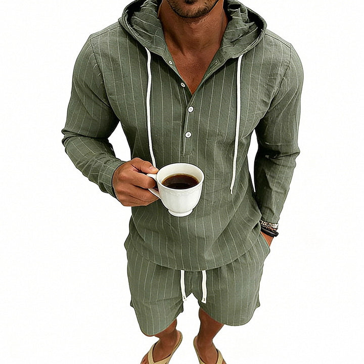 Herren nan gestreiftes Leinenoptik-Kapuzen-Henley-Set mit Tunnelzug-Shorts Drune
