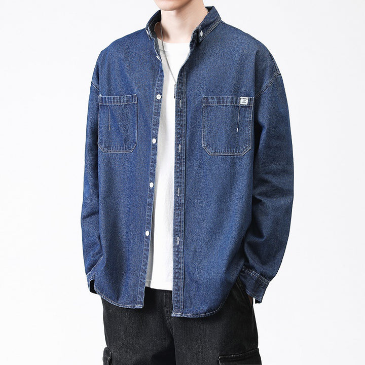 Herren Oversized Denim-Hemdjacke mit Brusttaschen und Button-Down-Kragen Drune