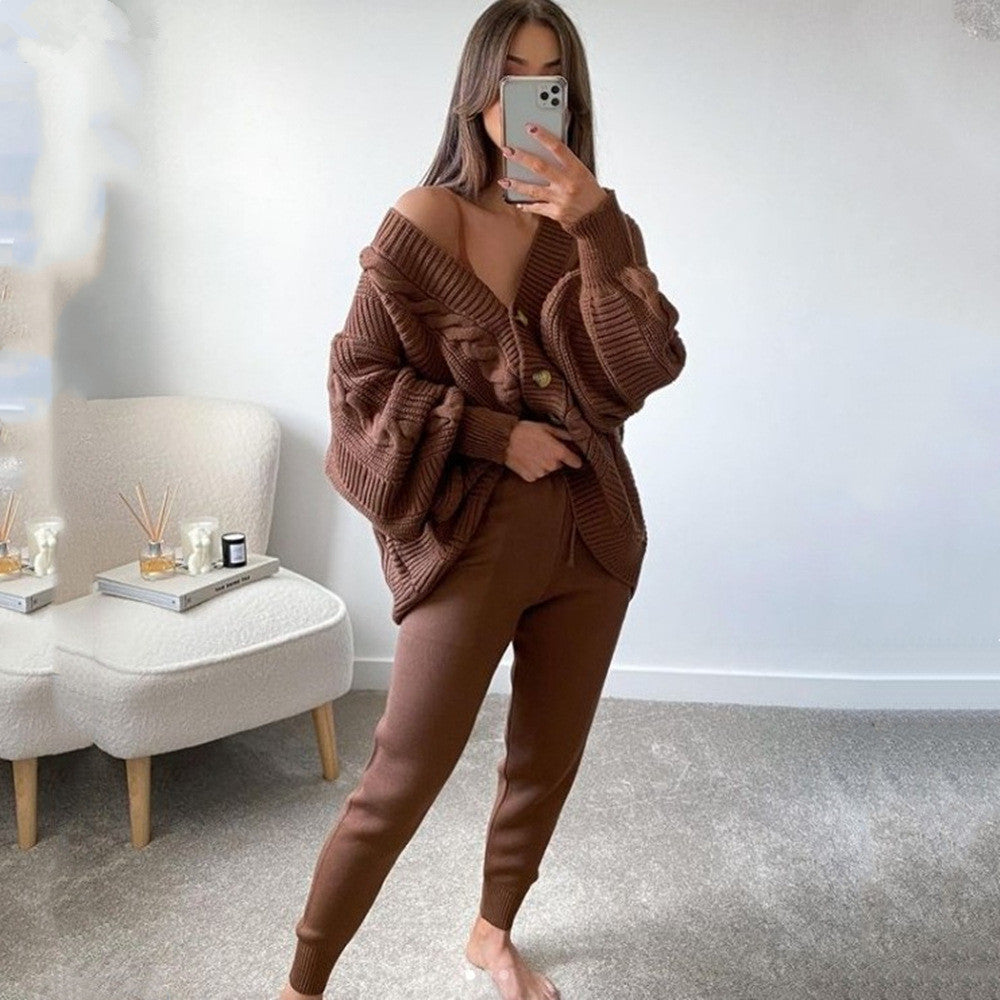 Damen nan kuscheliges Oversize Strickset bestehend aus Zopfmuster Cardigan und taillierter Strick-Jogginghose Drune