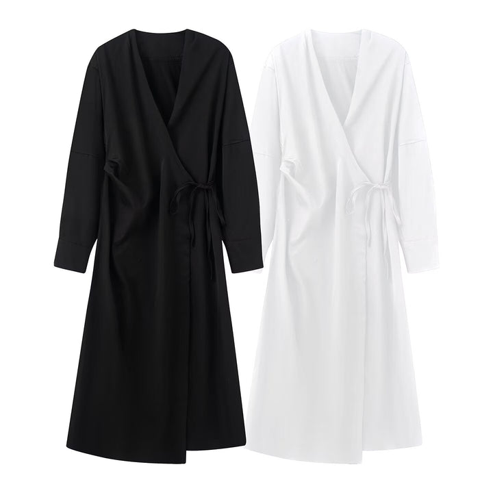 Damen Wickel‑Midikleid mit V‑Ausschnitt und Bindegürtel Drune