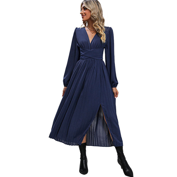 Damen Langes Viskose-Maxikleid mit Wickel-Taille, tiefem V‑Ausschnitt und hohem Beinschlitz Drune