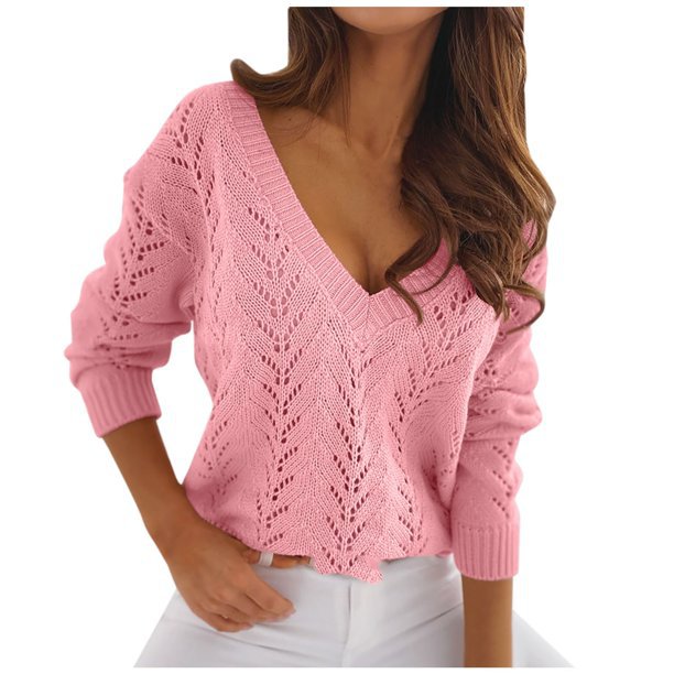 Damen Strickpullover mit Häkelmuster und V-Ausschnitt Drune