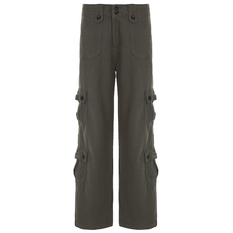 Damen Cargo-Hose mit hoher Taille, weitem Bein und mehreren Klappentaschen Drune