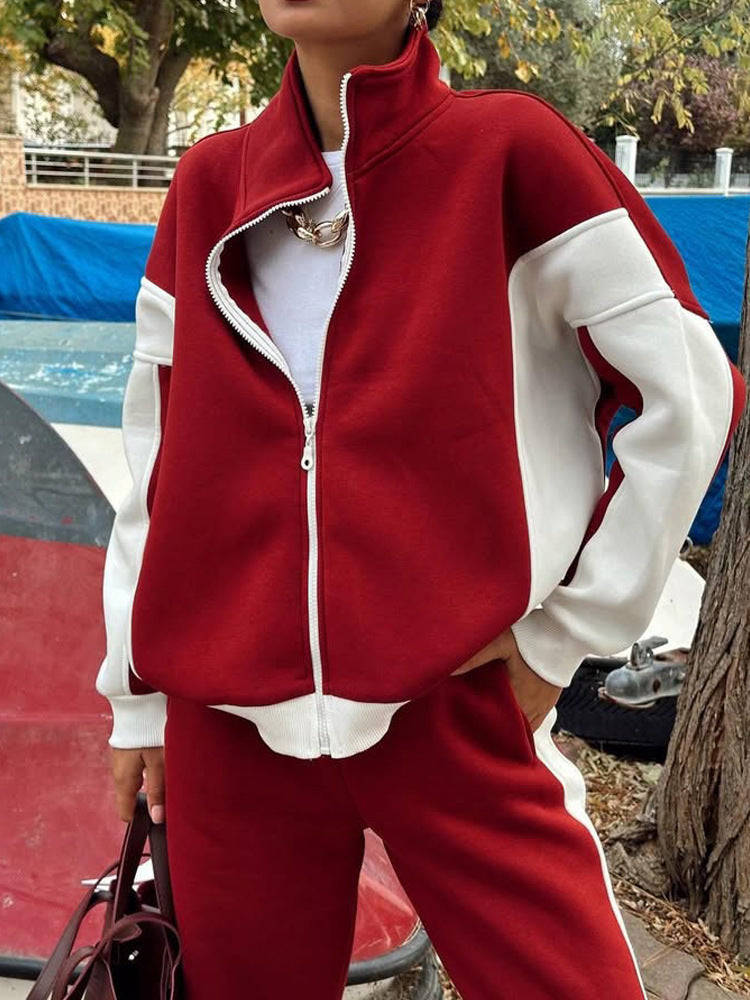 Damen athletisches Zweiteiler-Set aus strukturiertem Sweatstoff mit gekürzter Reißverschlussjacke und hochgeschnittener Jogginghose mit weitem Beinverlauf Drune