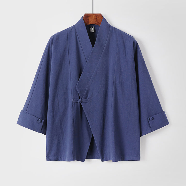 Herren Leinen-Kimono-Jacke mit traditionellem Knotenverschluss und mittel-langen Ärmeln Drune