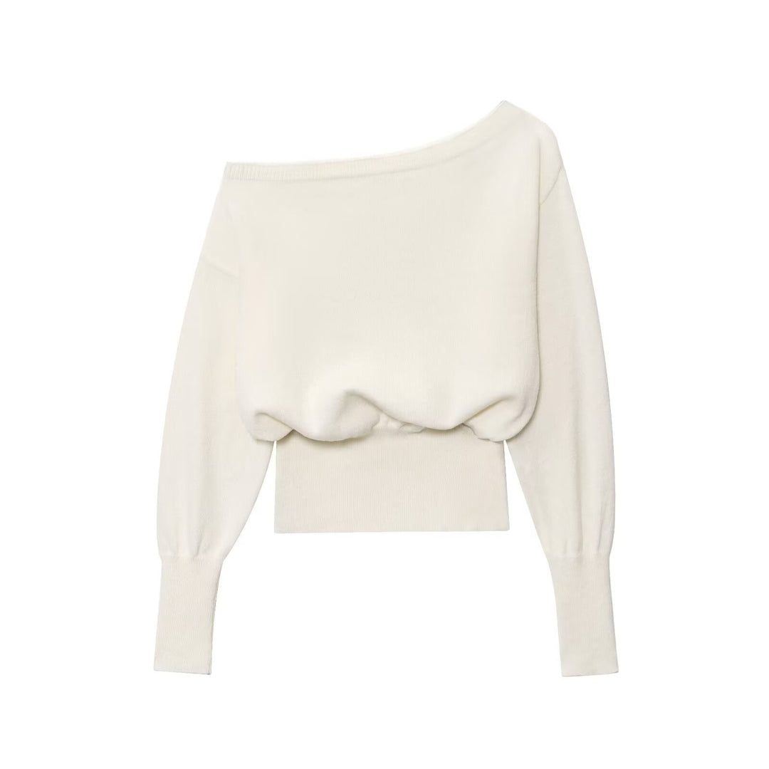 Damen Oversized Off-Shoulder-Cropped-Pullover mit Ballonärmeln Drune