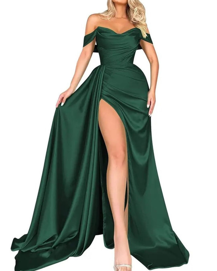 Damen Off-Shoulder Abendkleid mit hohem Beinschlitz und voluminösem Rock Drune