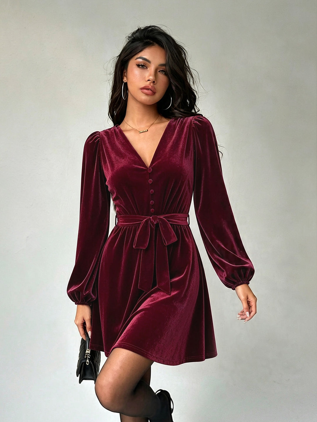 Damen elegantes Samt-Minikleid mit V-Ausschnitt Knopfleiste Ballonärmeln und Taillengürtel Drune