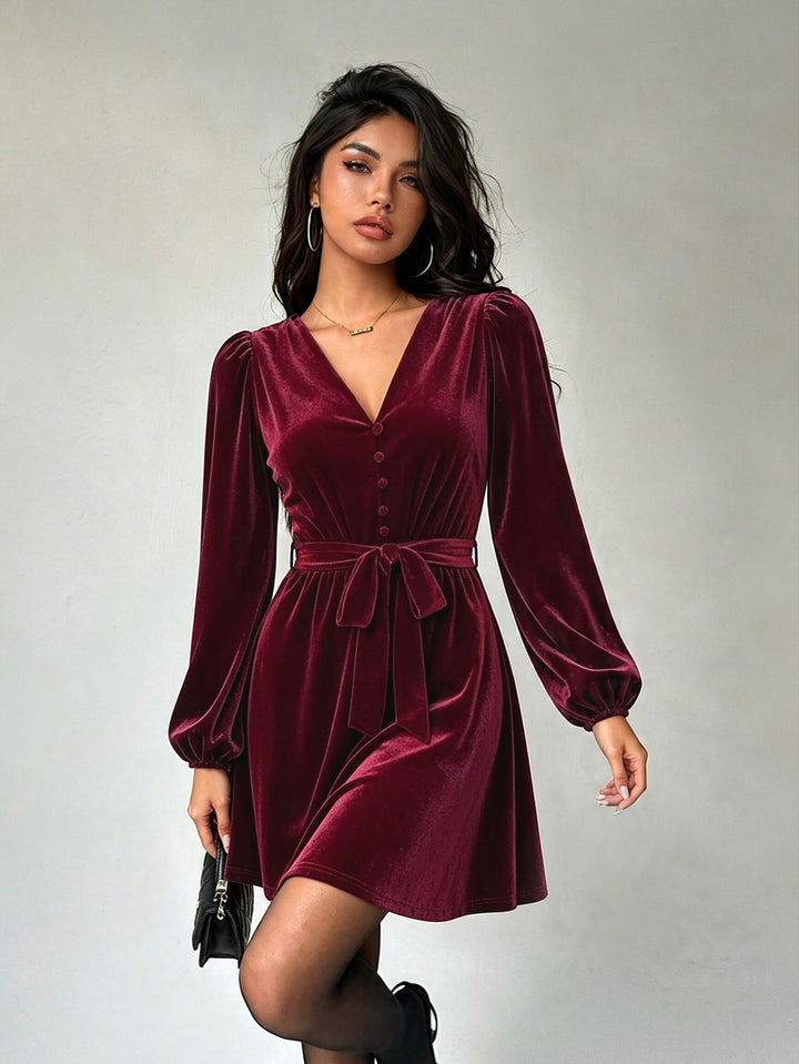Damen elegantes Samt-Minikleid mit V-Ausschnitt Knopfleiste Ballonärmeln und Taillengürtel Drune