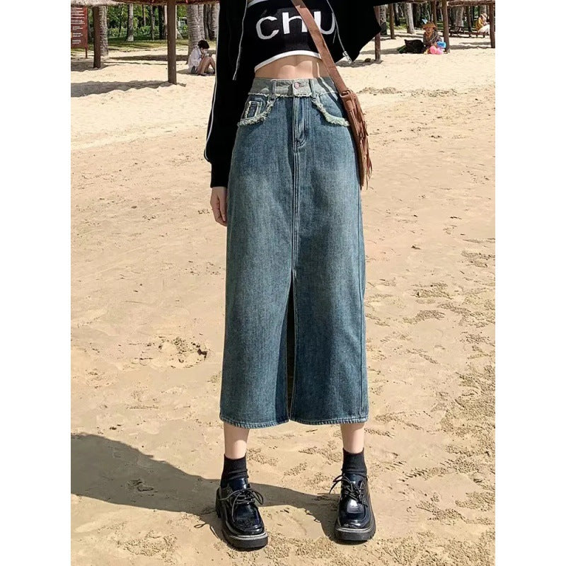 Damen Langer Denim-Rock mit hoher Teilung Drune