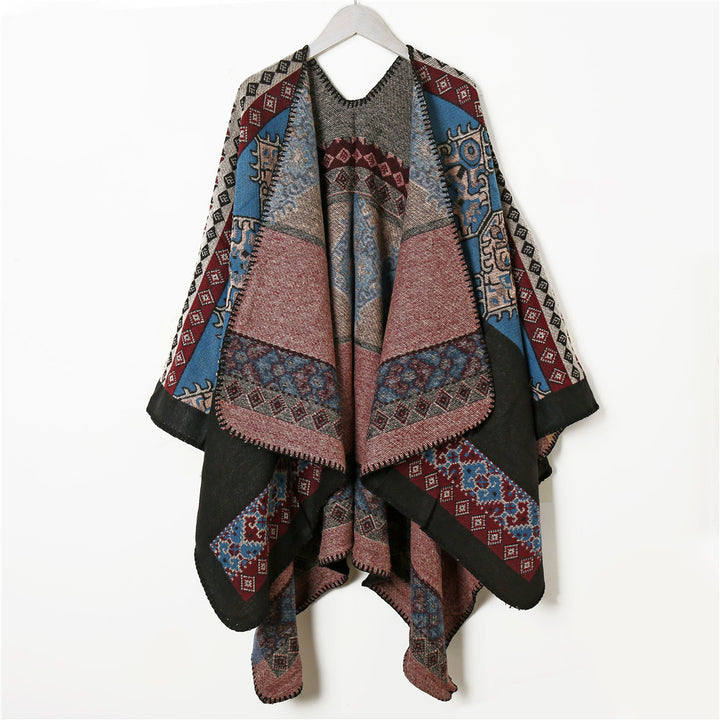 Damen Wollmix-Jacquard-Capeponcho im Ethno-Look mit dekorativer Ziernaht Drune