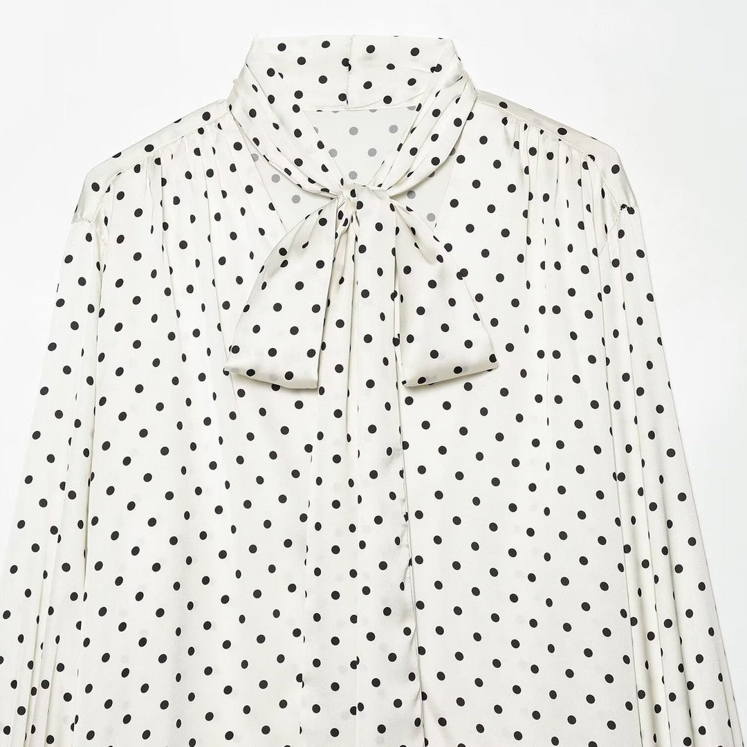 Damen Bluse mit Schleifenkragen, Tupfenmuster und Volantärmeln Drune