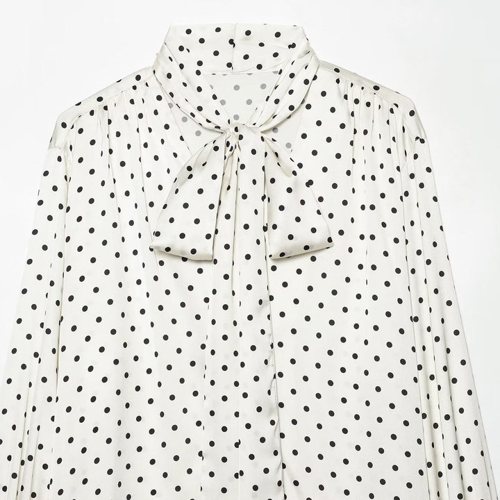 Damen Bluse mit Schleifenkragen, Tupfenmuster und Volantärmeln Drune
