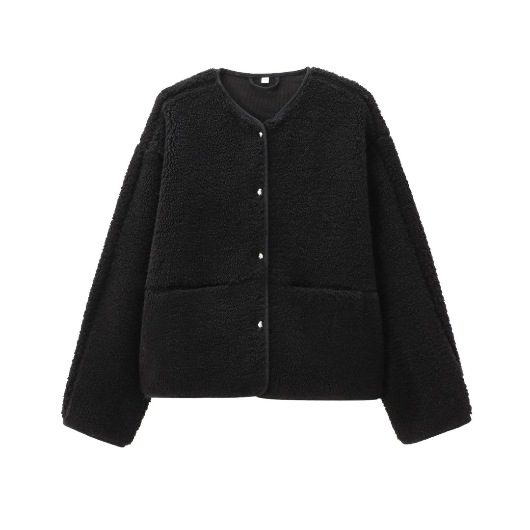 Damen nan kurz geschnittene Teddyjacke mit Druckknopfleiste und aufgesetzten Taschen Drune