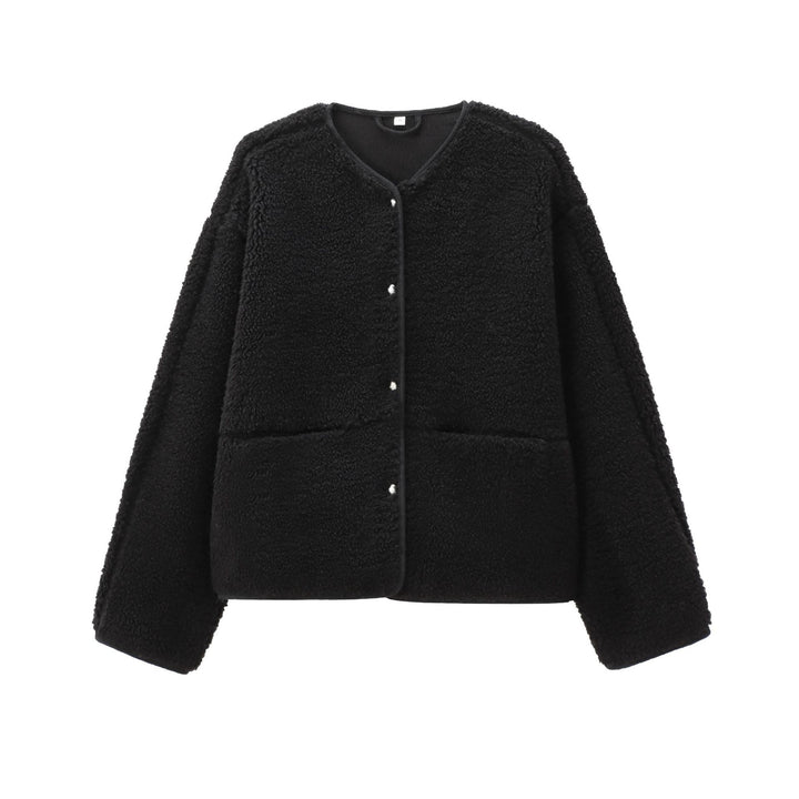 Damen nan kurz geschnittene Teddyjacke mit Druckknopfleiste und aufgesetzten Taschen Drune