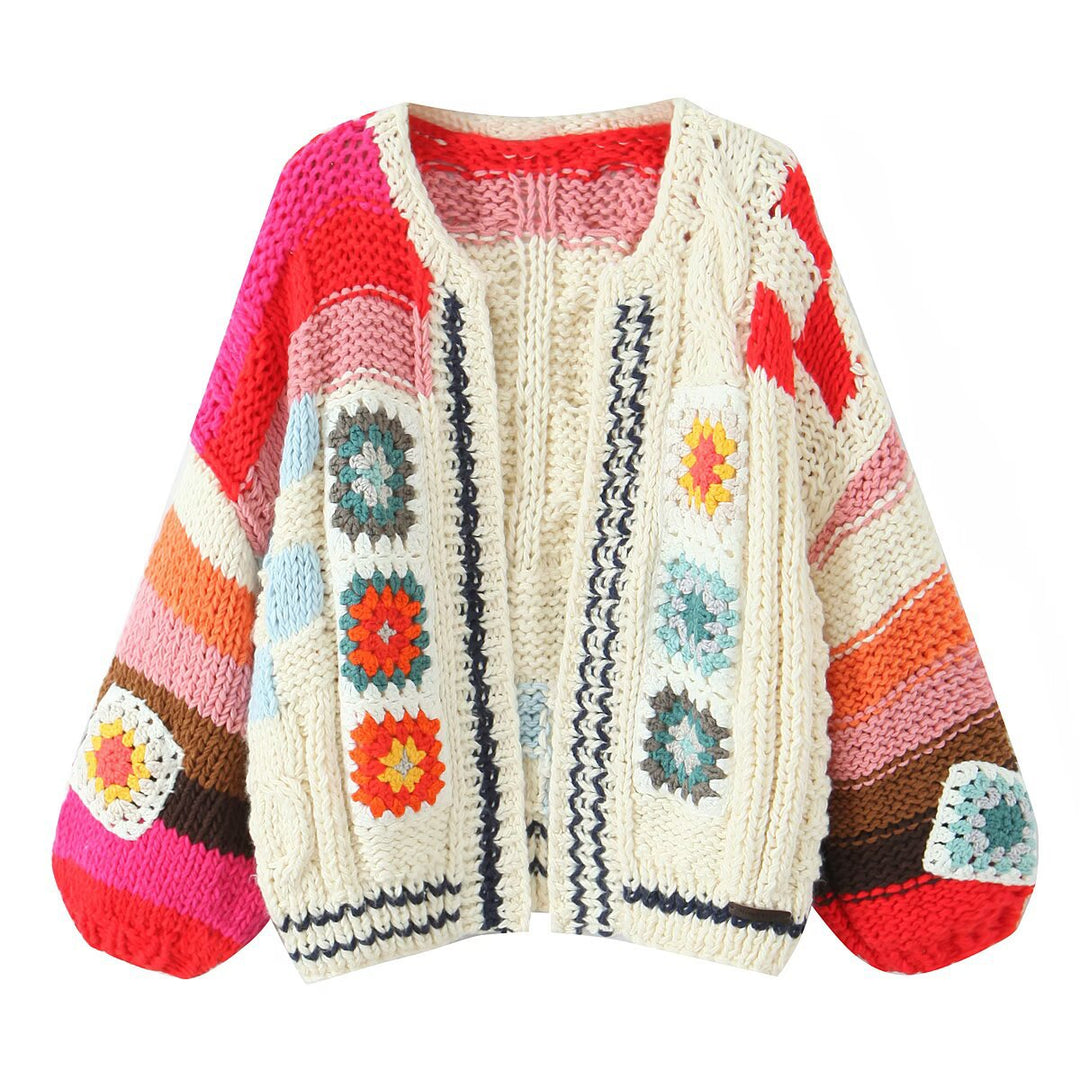 Damen Grobgestrickte Boho-Cardigan mit Häkelpatchwork Drune