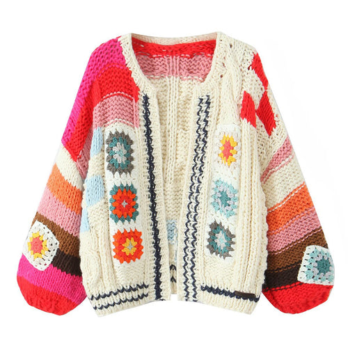 Damen Grobgestrickte Boho-Cardigan mit Häkelpatchwork Drune