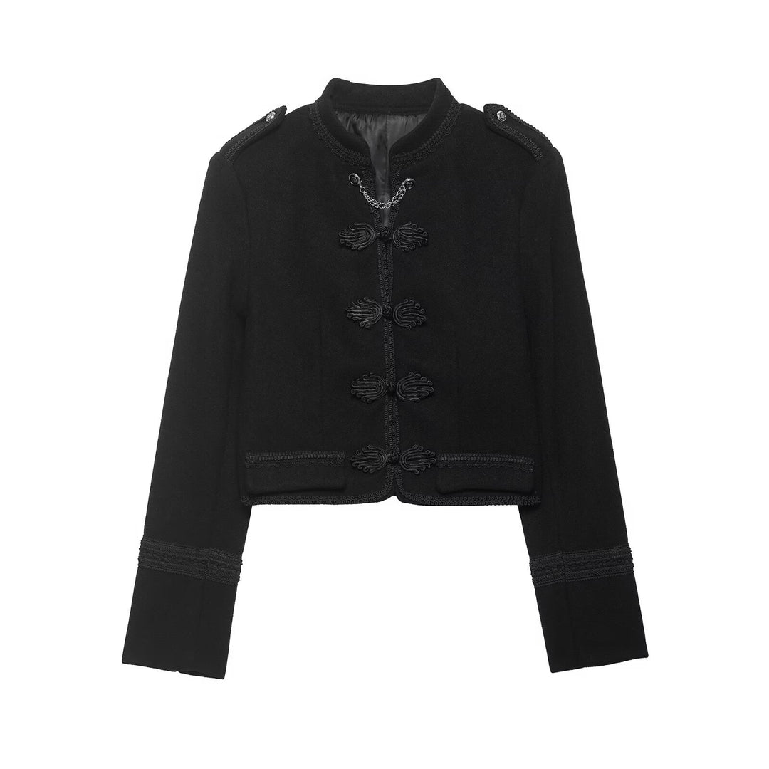 Damen Kurzjacke im Militärstil mit Stehkragen, Zierkordeln und dekorativen Froschverschlüssen Drune