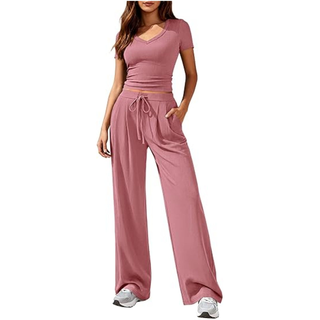 Damen Lässiges Lounge-Set mit tailliertem V-Ausschnitt bauchfreiem Top und weitem Kordelbund-Hose Drune