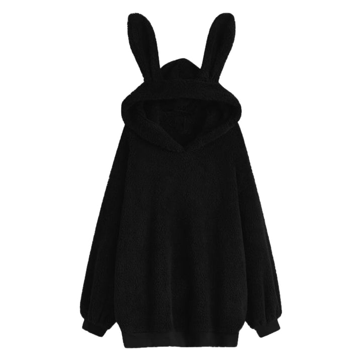 Damen nan flauschiger Oversize-Kapuzenpullover mit langen Hasenohren und gerippten Bündchen Drune
