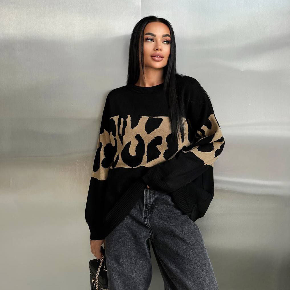 Damen Oversized Strickpullover mit Leoparden-Bahnen, überschnittener Schulter und geripptem Saum Drune