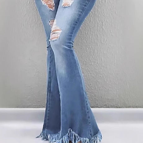 Damen High-Waist Flared-Jeans mit sculptendem Schnitt, Destroyed-Kniepartien und fransigem Volant-Saum Drune